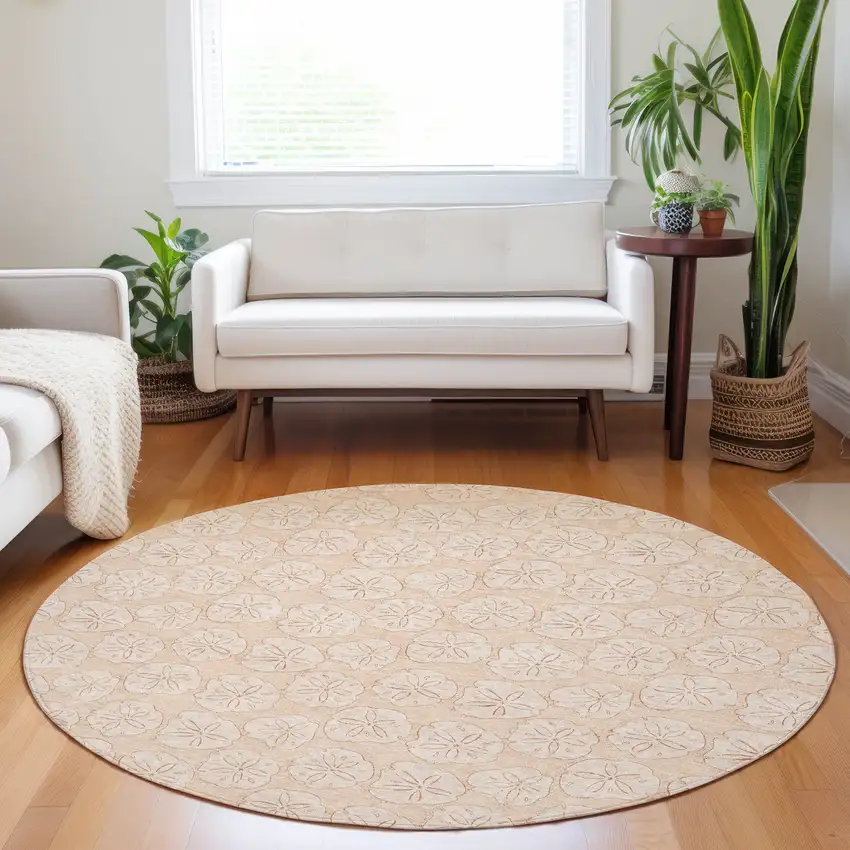 8' Apricot And Ivory Geometric Washable Round Rug With UV Protection Photo 5