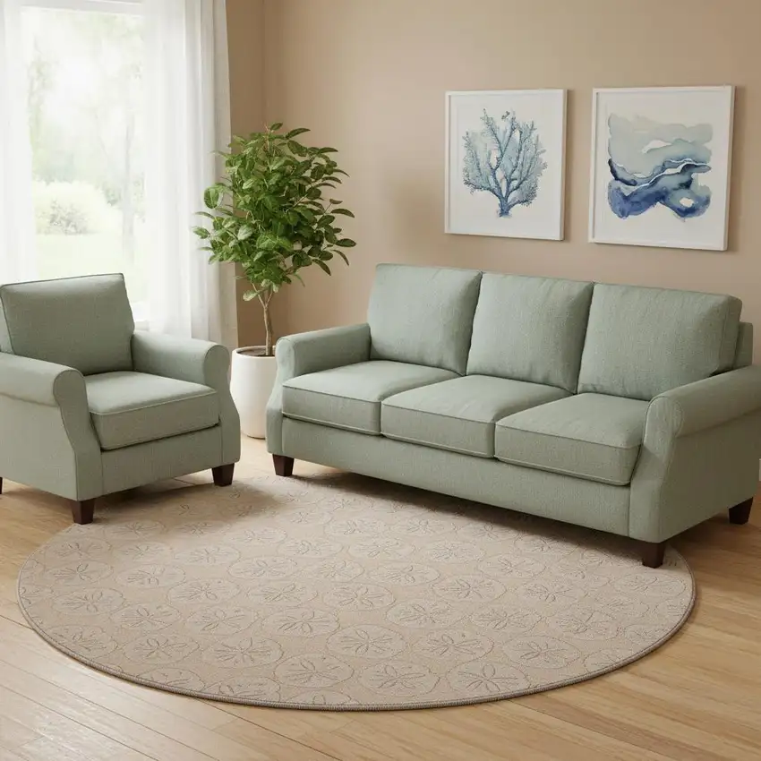 8' Apricot And Ivory Geometric Washable Round Rug With UV Protection Photo 1