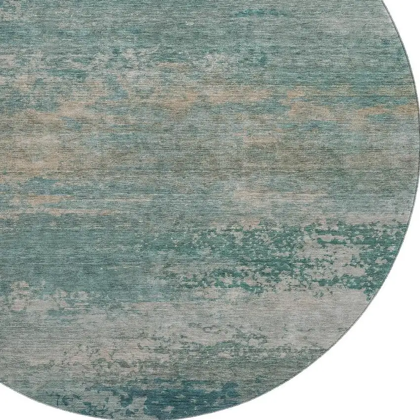 8' Aqua And Beige Abstract Washable Round Rug With UV Protection Photo 3