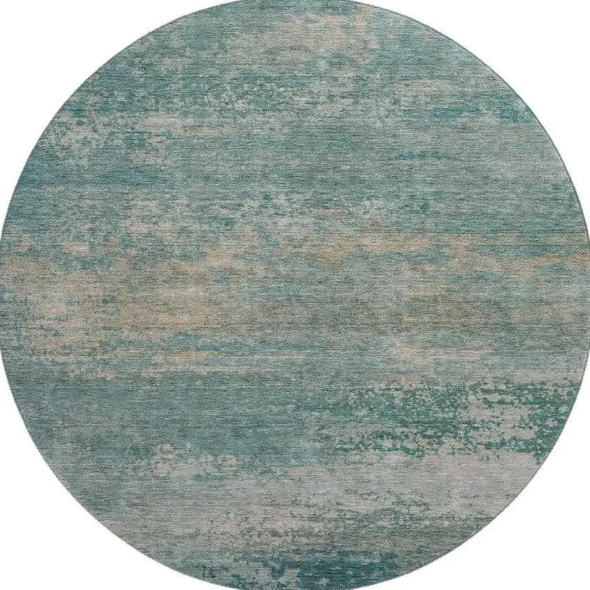8' Aqua And Beige Abstract Washable Round Rug With UV Protection Photo 4
