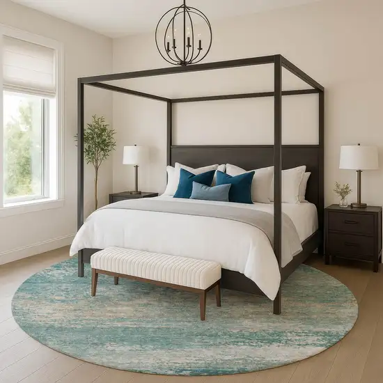 8' Aqua And Beige Abstract Washable Round Rug With UV Protection Photo 5