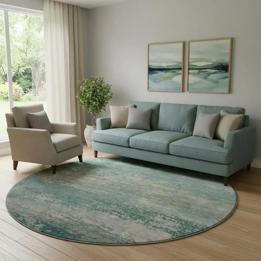 8' Aqua And Beige Abstract Washable Round Rug With UV Protection Photo 2