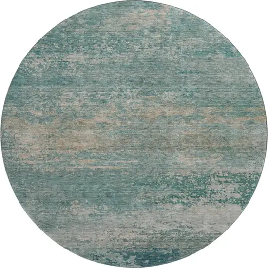 8' Aqua And Beige Abstract Washable Round Rug With UV Protection Photo 1