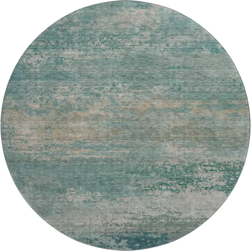 8' Aqua And Beige Abstract Washable Round Rug With UV Protection Photo 1