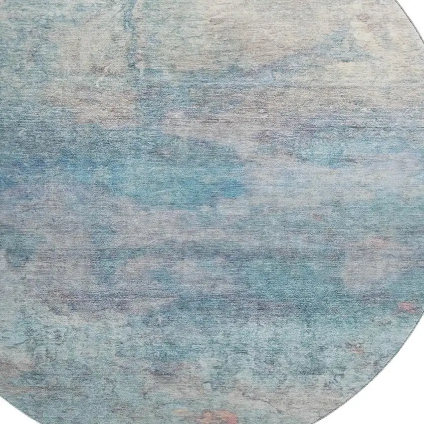 8' Aqua And Beige Abstract Washable Round Rug With UV Protection Photo 3