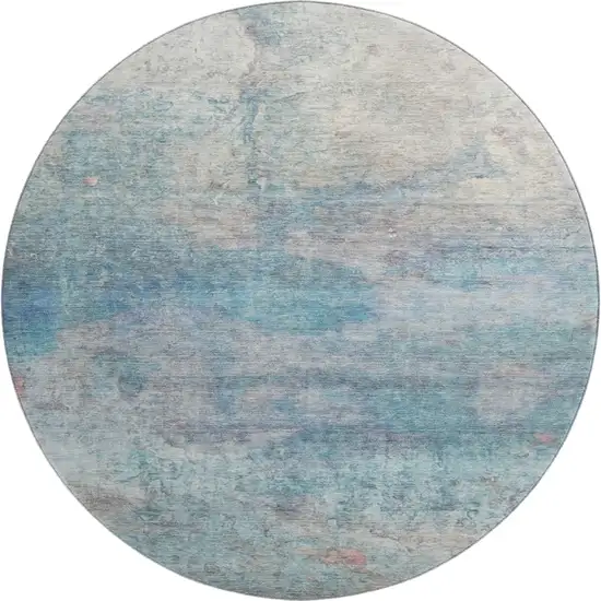 8' Aqua And Beige Abstract Washable Round Rug With UV Protection Photo 1