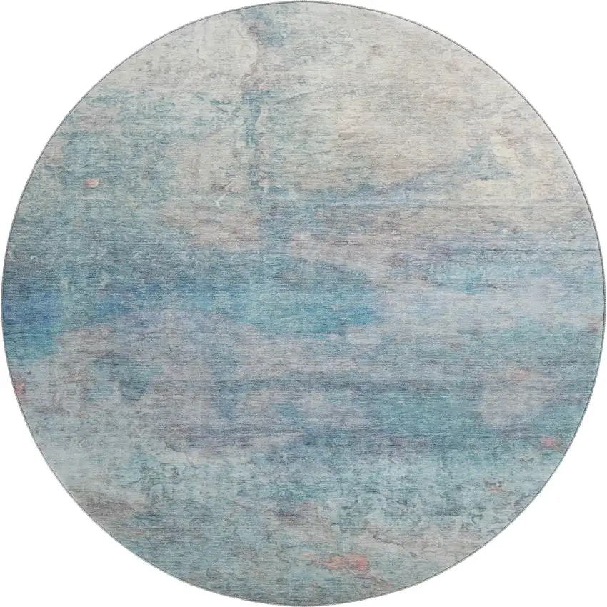 8' Aqua And Beige Abstract Washable Round Rug With UV Protection Photo 1