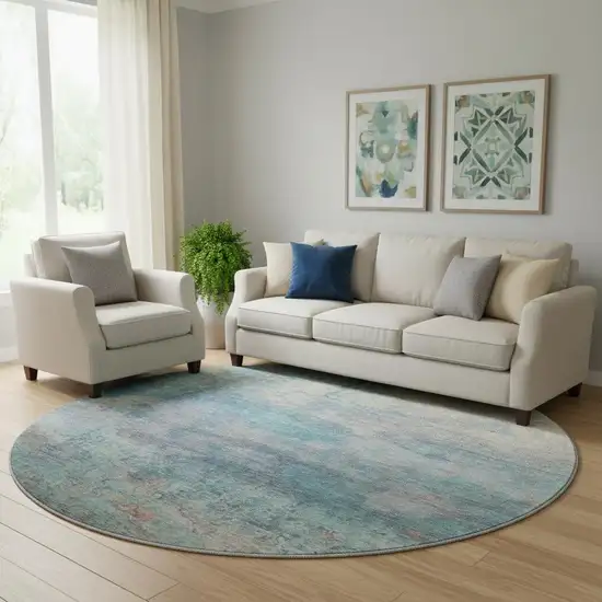 8' Aqua And Beige Abstract Washable Round Rug With UV Protection Photo 2