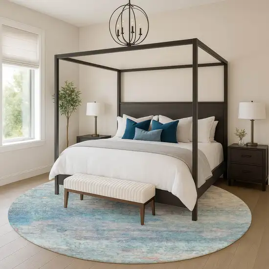 8' Aqua And Beige Abstract Washable Round Rug With UV Protection Photo 5