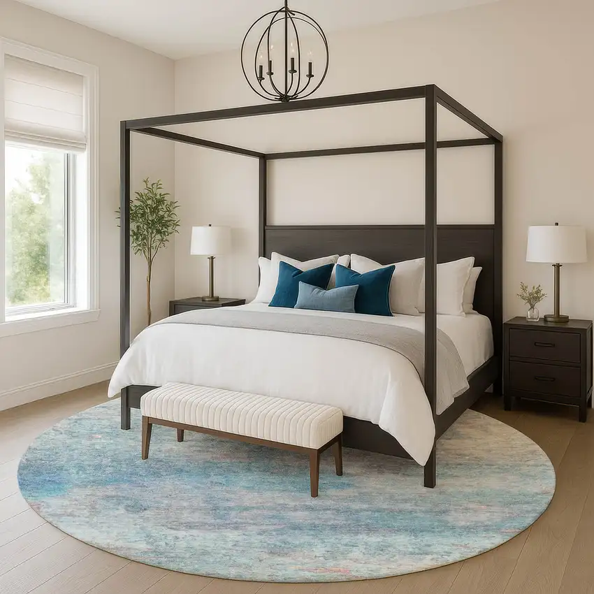 8' Aqua And Beige Abstract Washable Round Rug With UV Protection Photo 5