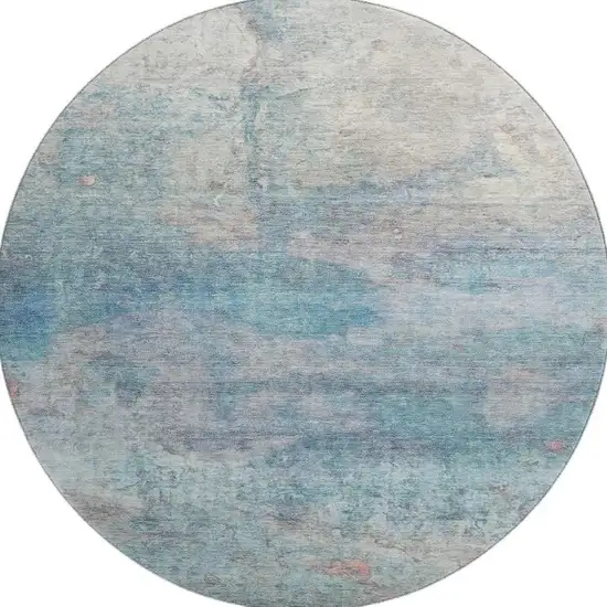 8' Aqua And Beige Abstract Washable Round Rug With UV Protection Photo 4