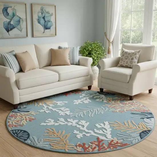 8' Aqua And Beige Coral Round Rug Photo 1