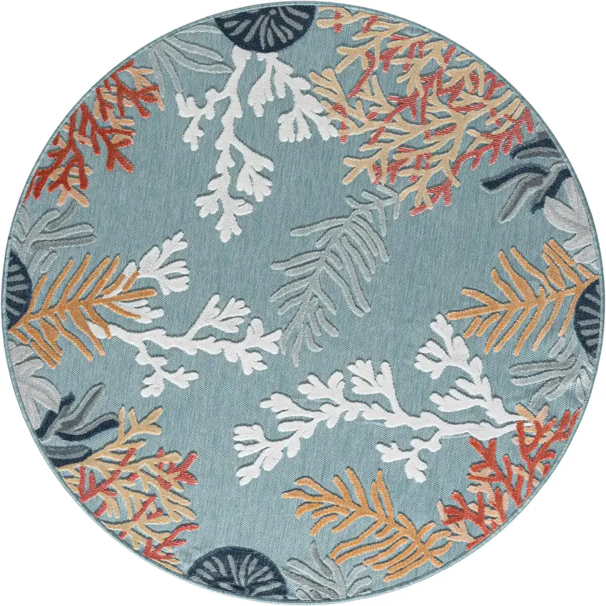 8' Aqua And Beige Coral Round Rug Photo 2