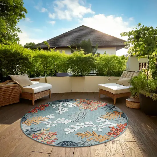8' Aqua And Beige Coral Round Rug Photo 6