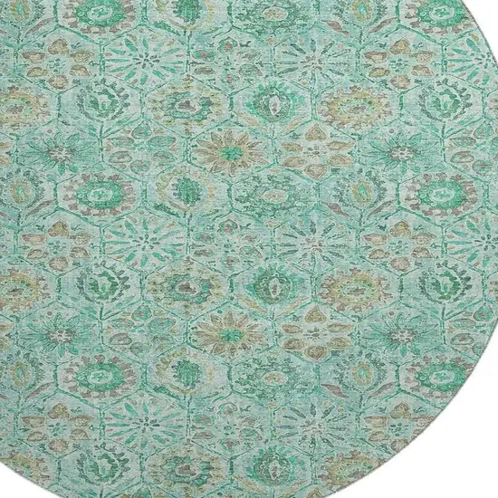 8' Aqua And Beige Floral Washable Round Rug With UV Protection Photo 3