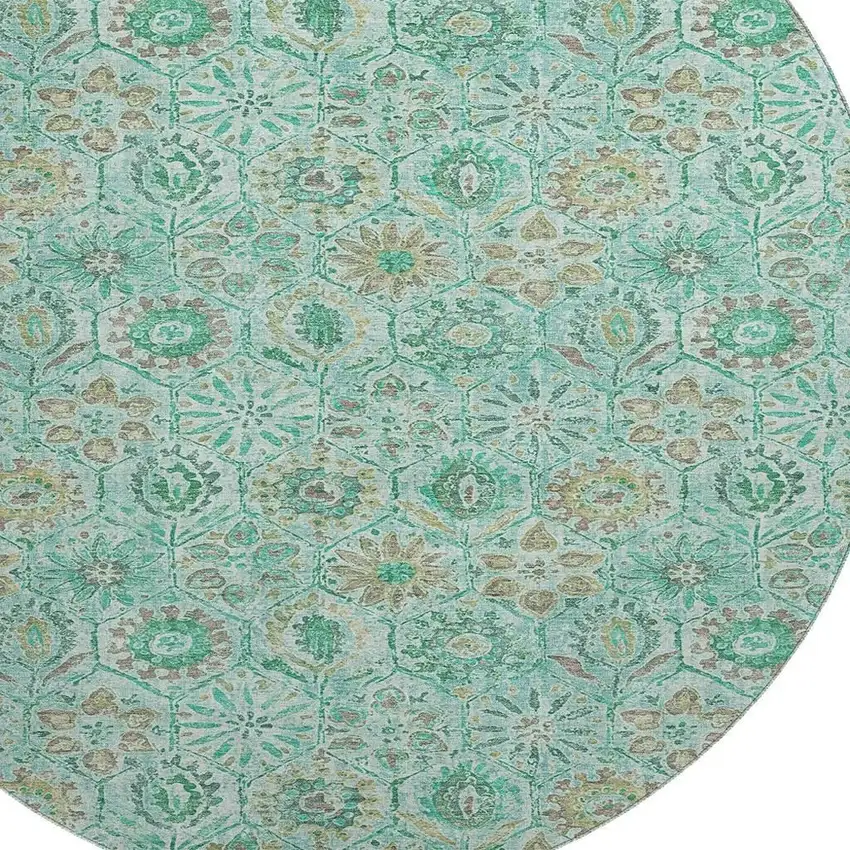 8' Aqua And Beige Floral Washable Round Rug With UV Protection Photo 3