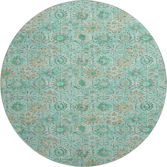 8' Aqua And Beige Floral Washable Round Rug With UV Protection Photo 1