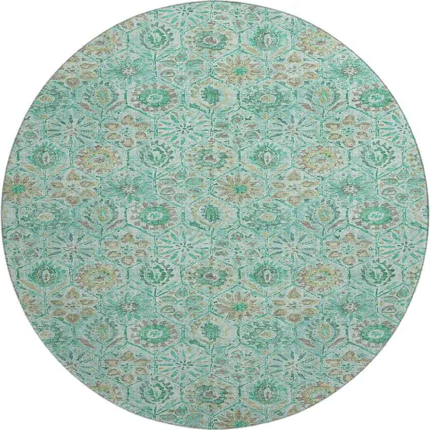 8' Aqua And Beige Floral Washable Round Rug With UV Protection Photo 1