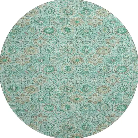 8' Aqua And Beige Floral Washable Round Rug With UV Protection Photo 4