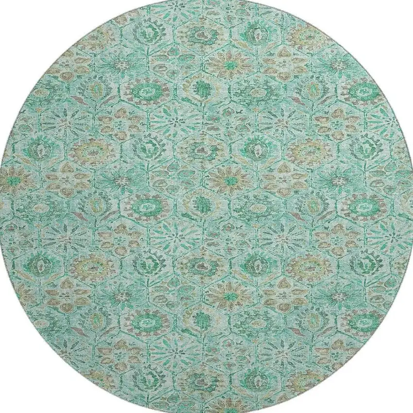 8' Aqua And Beige Floral Washable Round Rug With UV Protection Photo 4