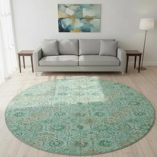 8' Aqua And Beige Floral Washable Round Rug With UV Protection Photo 2