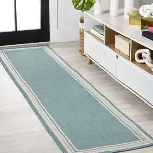 Photo of 8' Aqua And Beige Indoor Outdoor Runner Rug