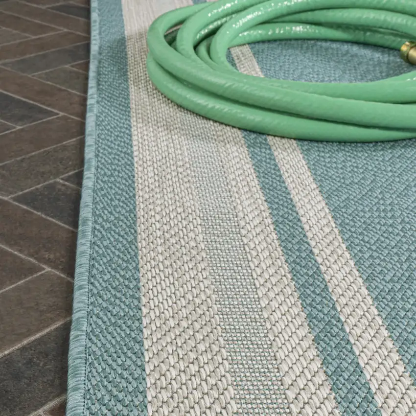 8' Aqua And Beige Indoor Outdoor Runner Rug Photo 8