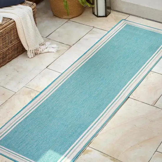 8' Aqua And Beige Indoor Outdoor Runner Rug Photo 2