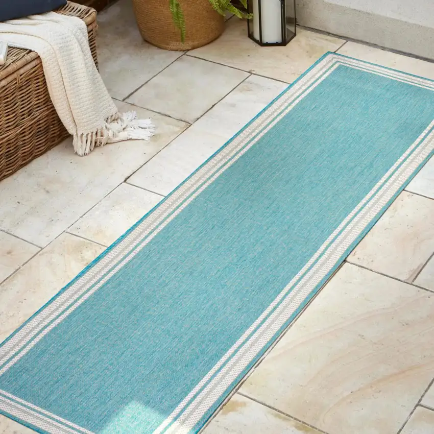 8' Aqua And Beige Indoor Outdoor Runner Rug Photo 2