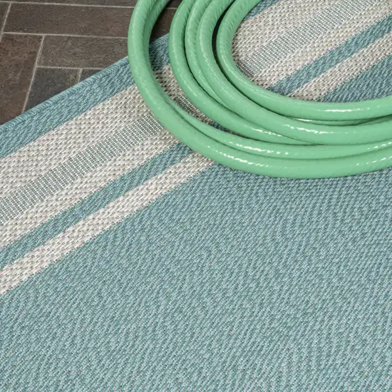 8' Aqua And Beige Indoor Outdoor Runner Rug Photo 7