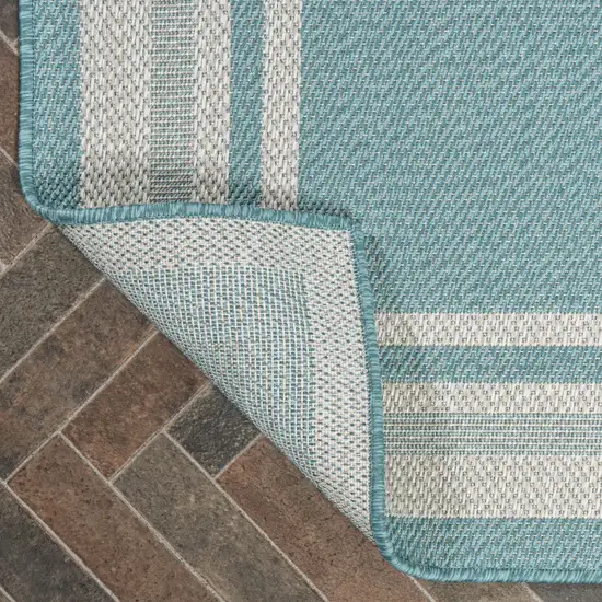 8' Aqua And Beige Indoor Outdoor Runner Rug Photo 6