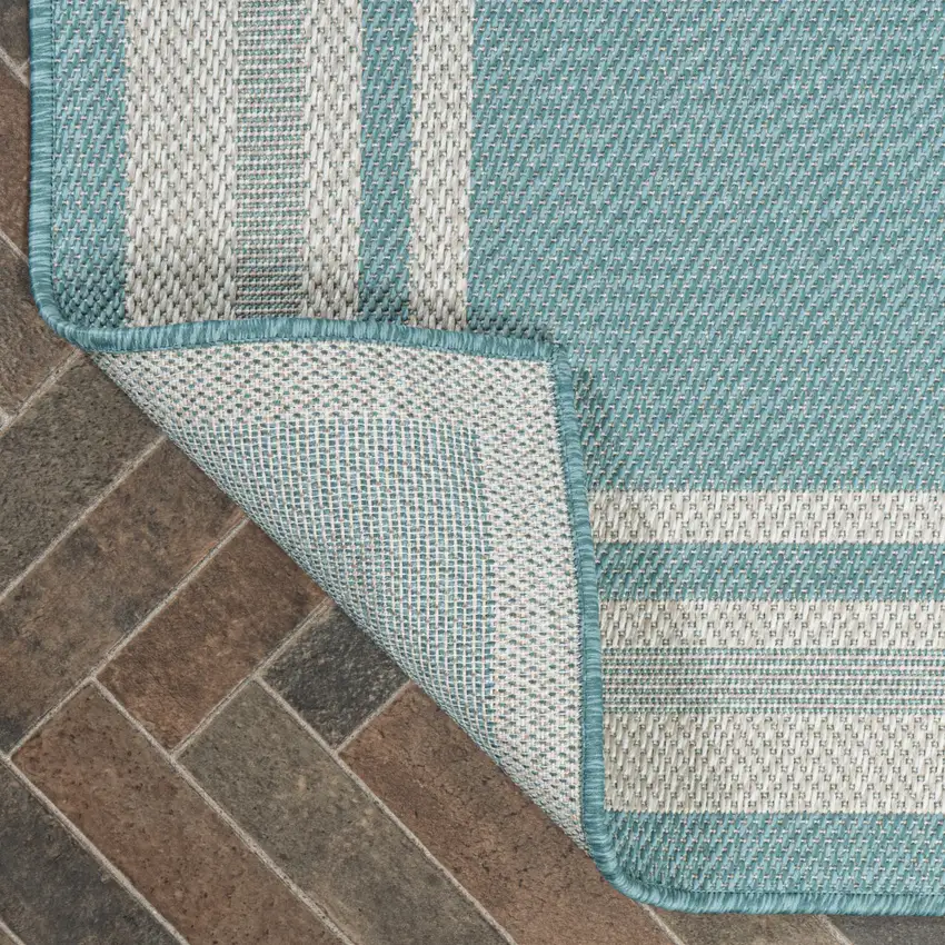 8' Aqua And Beige Indoor Outdoor Runner Rug Photo 6