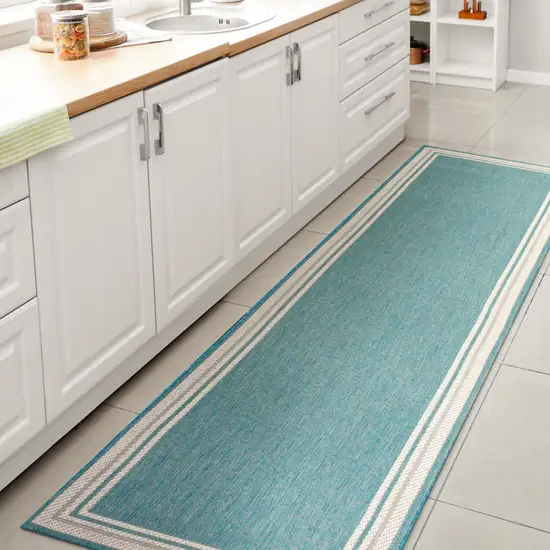 8' Aqua And Beige Indoor Outdoor Runner Rug Photo 3