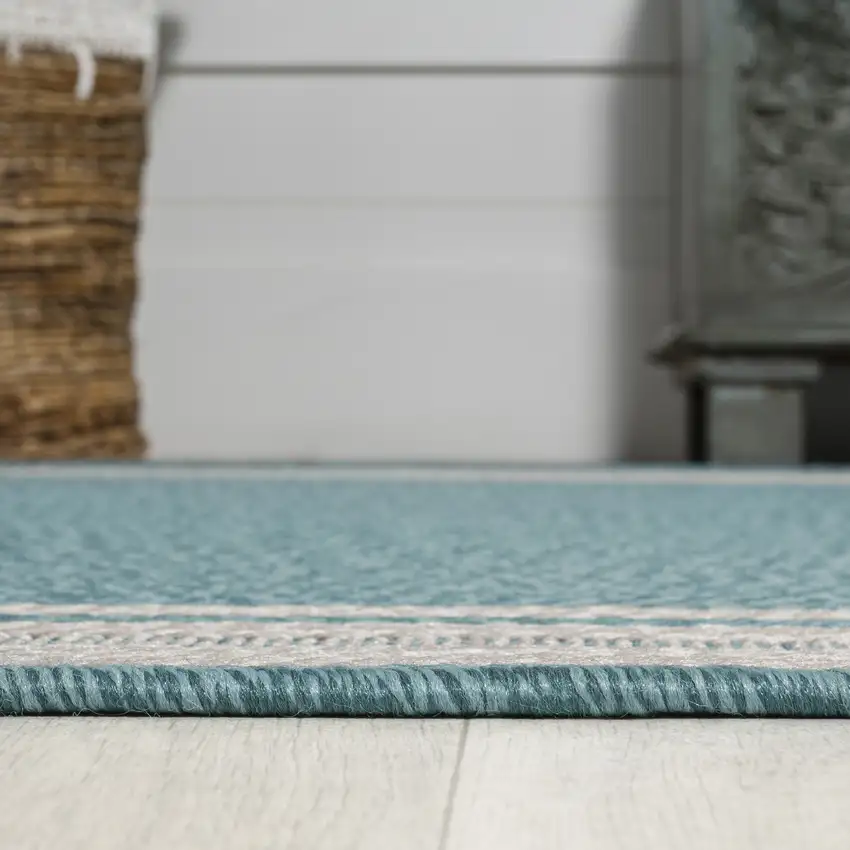 8' Aqua And Beige Indoor Outdoor Runner Rug Photo 4