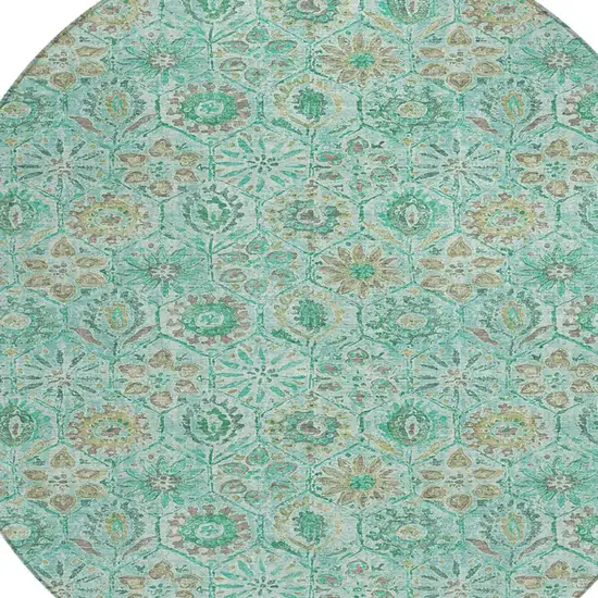 8' Aqua And Beige Round Floral Washable Indoor Outdoor Area Rug Photo 9