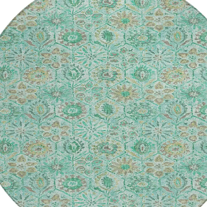 8' Aqua And Beige Round Floral Washable Indoor Outdoor Area Rug Photo 9