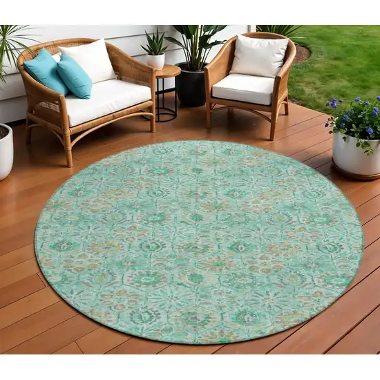 8' Aqua And Beige Round Floral Washable Indoor Outdoor Area Rug Photo 2