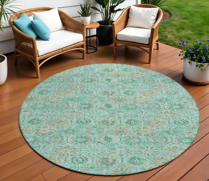8' Aqua And Beige Round Floral Washable Indoor Outdoor Area Rug Photo 2