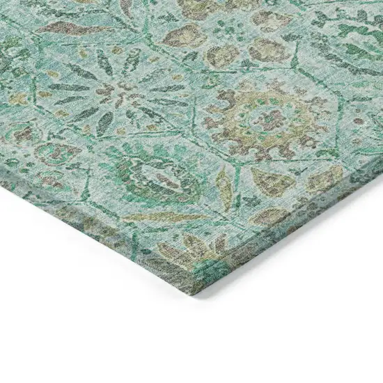 8' Aqua And Beige Round Floral Washable Indoor Outdoor Area Rug Photo 7