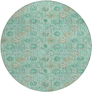 Photo of 8' Aqua And Beige Round Floral Washable Indoor Outdoor Area Rug
