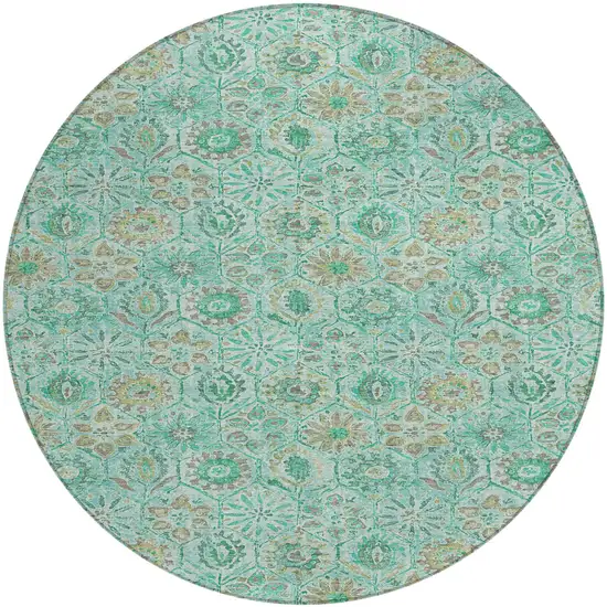 8' Aqua And Beige Round Floral Washable Indoor Outdoor Area Rug Photo 1