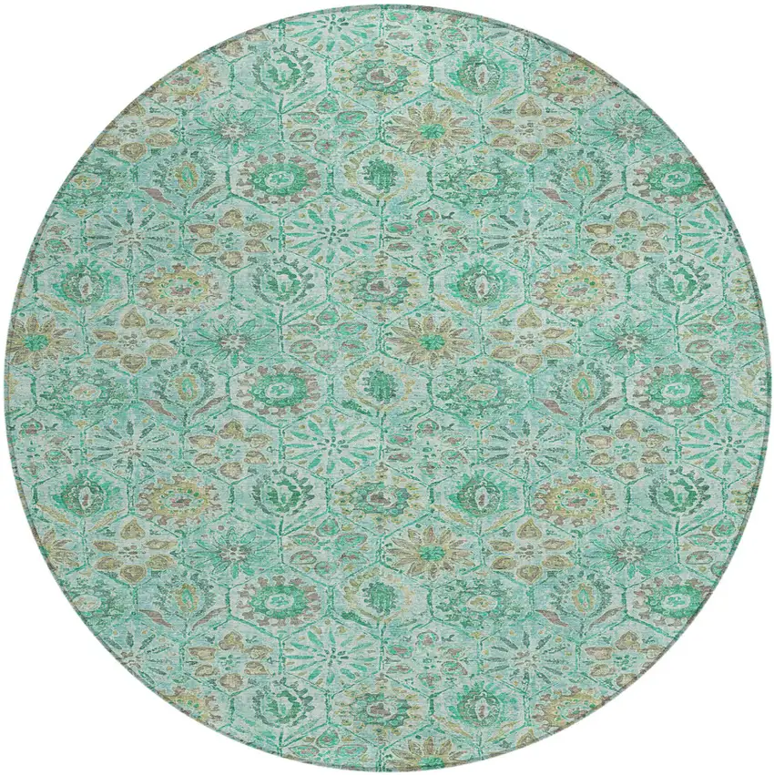 8' Aqua And Beige Round Floral Washable Indoor Outdoor Area Rug Photo 1