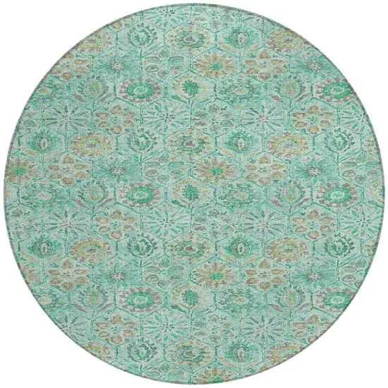8' Aqua And Beige Round Floral Washable Indoor Outdoor Area Rug Photo 3