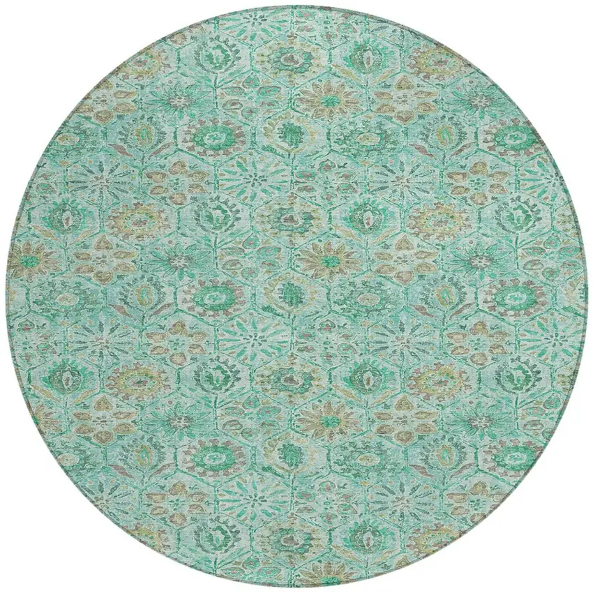 8' Aqua And Beige Round Floral Washable Indoor Outdoor Area Rug Photo 3