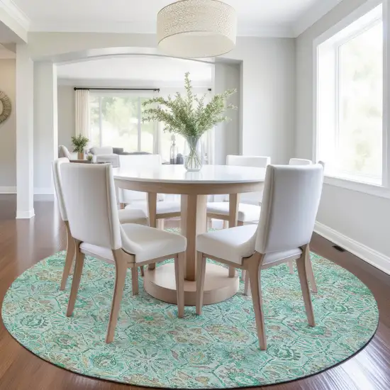 8' Aqua And Beige Round Floral Washable Indoor Outdoor Area Rug Photo 6