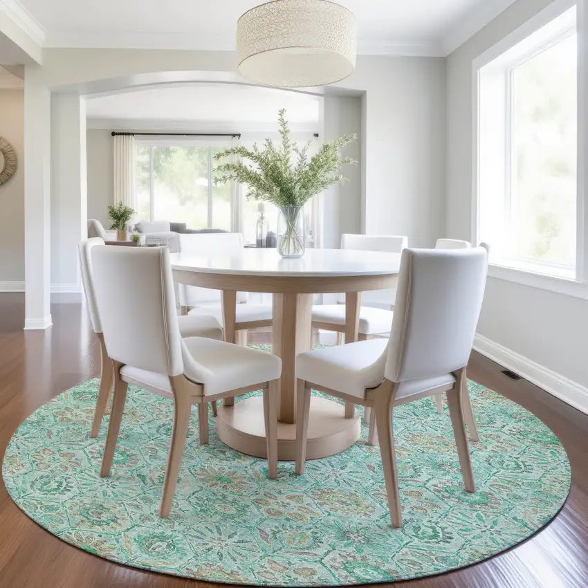 8' Aqua And Beige Round Floral Washable Indoor Outdoor Area Rug Photo 6