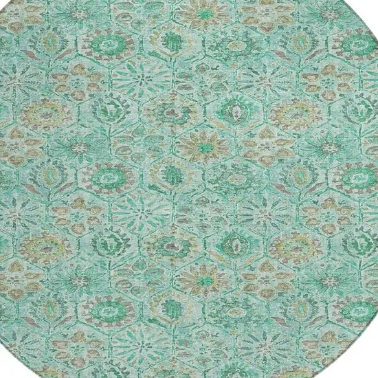 8' Aqua And Beige Round Floral Washable Indoor Outdoor Area Rug Photo 4