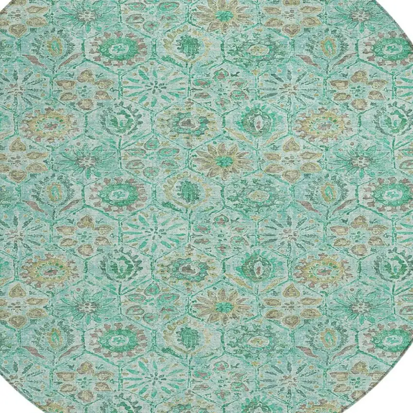 8' Aqua And Beige Round Floral Washable Indoor Outdoor Area Rug Photo 4