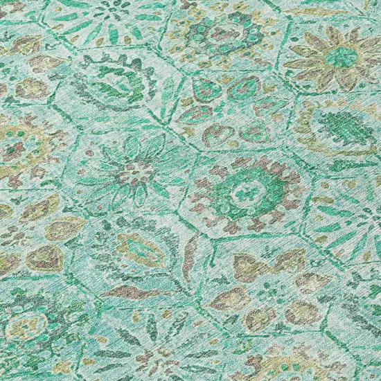 8' Aqua And Beige Round Floral Washable Indoor Outdoor Area Rug Photo 8