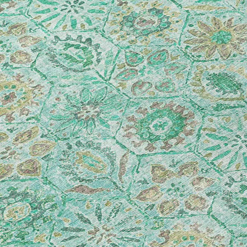 8' Aqua And Beige Round Floral Washable Indoor Outdoor Area Rug Photo 8